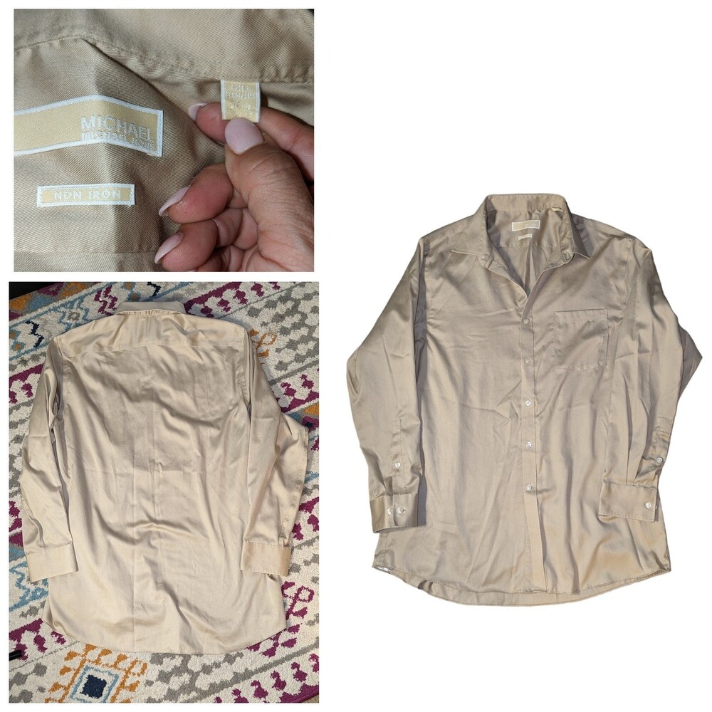 Michael Kors Men's Size 16.5 (32/33) Beige Button Front Long Sleeve Shirt Preppy